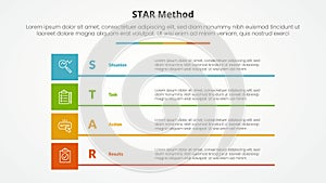 STAR method infographic concept for slide presentation with boxed creative rectangle stack with 4 point list with flat style