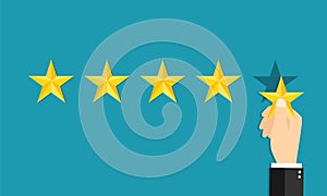 5 star. Positive review of customer. Feedback with satisfaction rating. Hand hold star. Survey about quality service. Concept of