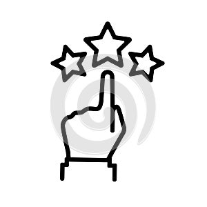 Star rating minimal design black line. 5 star rate icon. Hand presses a rating star