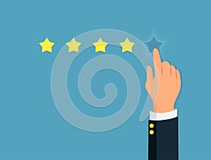 Star rating. Person`s hand give a five star. Positive review. Concept feedback and evaluation system.