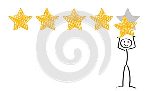 Star rating. Positive customer reviews. Businessman holding a gold star in hand, to give five stars, feedback concept - stock