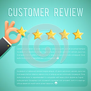 Star rating review customer experience hand text template background cartoon design business concept vector illustration