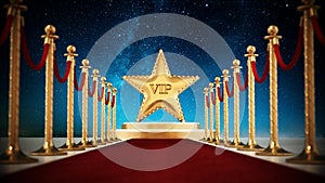 Star, red carpet and velvet ropes against night background