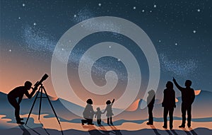 Star scene night sky with silhouette people telescope looking at space