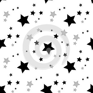 Star seamless pattern. Black and grey retro background. Chaotic elements. Abstract geometric shape texture. Effect of sky. Design