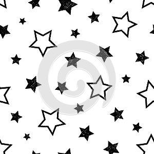 Star seamless pattern. Repeating black stars isolated on white background. Repeated simple prints design. Abstract monocrome