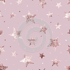 Star seamless pattern. Rose gold stars background. Pink glam marble. Repeating bling patern. Elegant printing. Repetition glitter