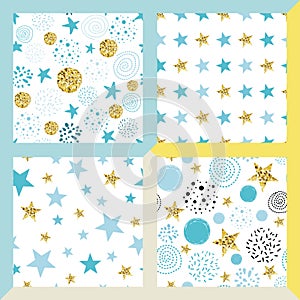 Star seamless pattern Set of hand drawn cute seamless glitter bright backgrounds with gold blue stars Vector