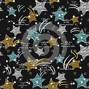 Star Seamless Pattern.Textile ink brush strokes texture in doodle grunge style. Handdrawn trendy design with authentic and unique