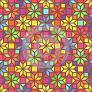 Star shape colorful geometric stained glass seamless pattern, vector