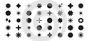 Star shape icon, y2k element, abstract spark vector symbol, glow set, geometric flower, black graphic retro sticker. Cartoon