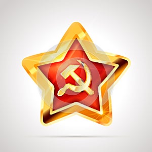 Star shaped bright glossy golden badge icon with soviet sickle and hammer, communist USSR symbol on white