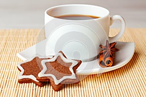 Star shaped chocolate chip cookies with cup of tea