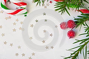 Star shaped red confetti on white background. festive background