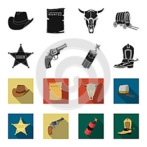 Star sheriff, Colt, dynamite, cowboy boot. Wild West set collection icons in black,flet style vector symbol stock