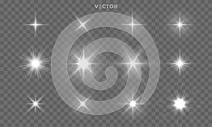 Star shines and light glow sparks, vector bright flare sparkles. Star flash effect on transparent background, isolated sun photo
