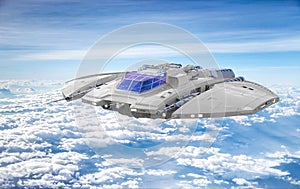 star ship flying above the clouds side view