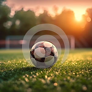 Soccer ball on the grass. Sunset. AI generated digital art