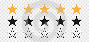 Star. Stars rating. Set of five stars yellow and black color. Quality symbol. Feedback concept. Linear design. Stars vector icons