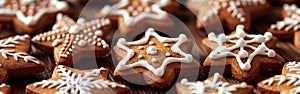 Star-Studded Christmas Treats: Closeup of Gingerbread Cookies with White Icing Decoration on Table