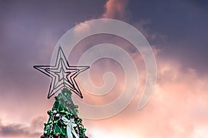 Star on top of Christmas tree against sunset sky