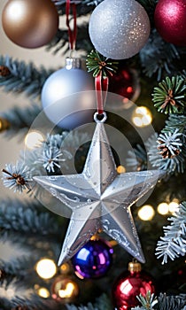 A Star Topper And Ornaments On A Christmas Tree In A Frosty Mornin. Generative AI