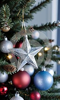 A Star Topper And Ornaments On A Christmas Tree In A Frosty Mornin. Generative AI