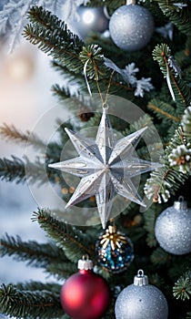 A Star Topper And Ornaments On A Christmas Tree In A Frosty Mornin. Generative AI