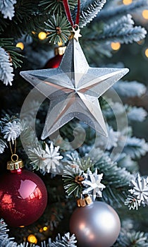 A Star Topper And Ornaments On A Christmas Tree In A Frosty Mornin. Generative AI