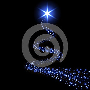 Star trail isolated black background. Blue magic light comet, glittering sparkles. Twinkle glitter shooting. Magical