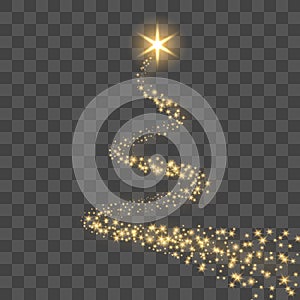 Star trail isolated black transparent background. Gold light comet, golden glittering sparkle. Twinkle glitter shooting