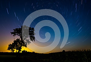 Star trail. Night landscape with a north hemisphere and stars