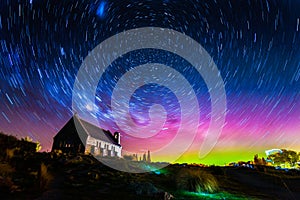 Star trails and Aurora light at Church of the Good Shepherd