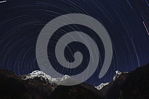 Star trails over Annapurna south, Hiunchuli and Machapuchare