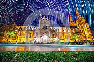 Star trails in the sky over Saint Mary\'s Cathedral Sydney NSW Australia startrails