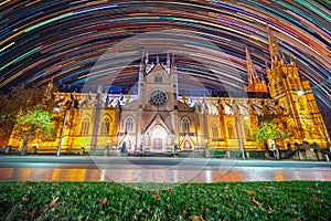 Star trails in the sky over Saint Mary\'s Cathedral Sydney NSW Australia startrails