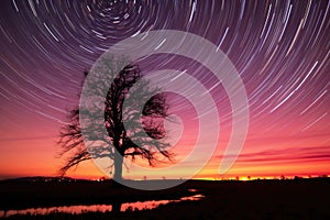 star trails surrounding the silhouette of a lone tree in a field