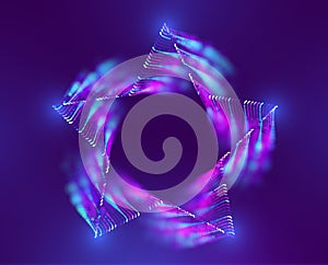 Star vector neon frame. Twisted star frame with trail and fog background. Spin superstar plume. Particle vortex.