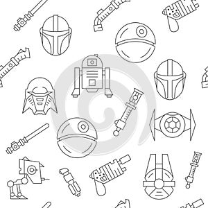 Star War pattern. Space technology. Movie line symbols. Sky ships. Blaster pistol. Black and white science signs