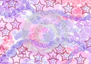 Star Watercolor paint abstract background. Pink, blue and violet spot texture. Backdrop of Spots and Stars for packaging