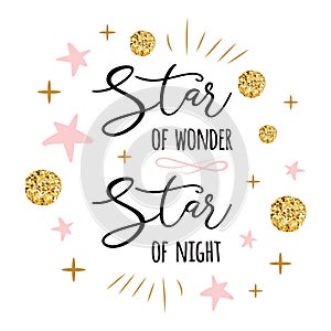 Star of wonder Star of night Cute Christmas time sign with golden cute gold, pink colors stars