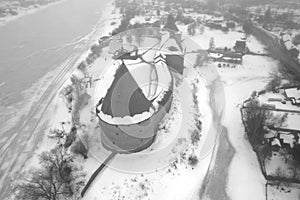 Staraya Ladoga Fortress, foggy winter day aerial photography. Leningrad region, Russia