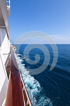 Starboard side of cruise liner on the ocean.