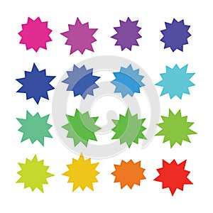 Starburst, explosion color comic shapes. Cartoon bursting speech bubbles. Star boom sale buttons vector set isolated