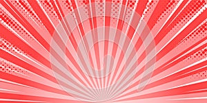 Starburst red comic background. Superhero pop art vector cartoon banner. Striped sun rays retro wallpaper with halftone