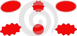 Starburst red sticker set - collection of special offer sale oval and round shaped sunburst labels and badges. Vector.