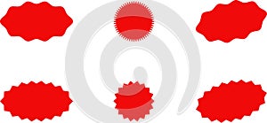 Starburst red sticker set - collection of special offer sale oval and round shaped sunburst labels and badges. Vector.