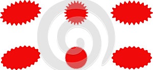 Starburst red sticker set - collection of special offer sale oval and round shaped sunburst labels and badges. Vector.