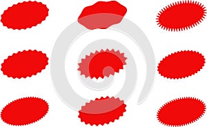 Starburst red sticker set - collection of special offer sale oval and round shaped sunburst labels and badges. Vector.