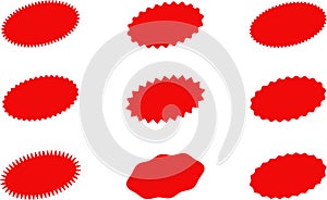 Starburst red sticker set - collection of special offer sale oval and round shaped sunburst labels and badges. Vector.